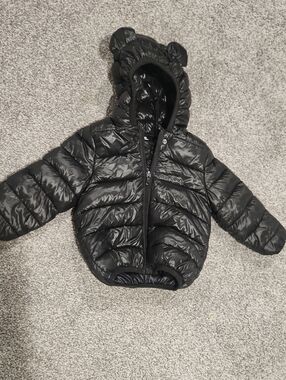 Kids Black Puffer Jacket with Hood and Ear Details